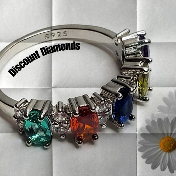 14K White Gold on 925 Multi Color Oval Cut Sapphire Cocktail Ring Women's - Picture 6 of 9